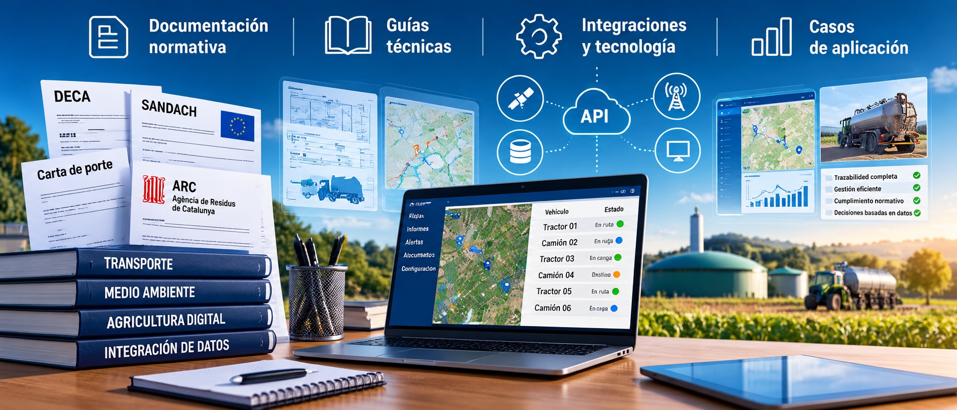 Documentación normativa y guías técnicas sobre trazabilidad digital, con integraciones tecnológicas y gestión del transporte agrícola.