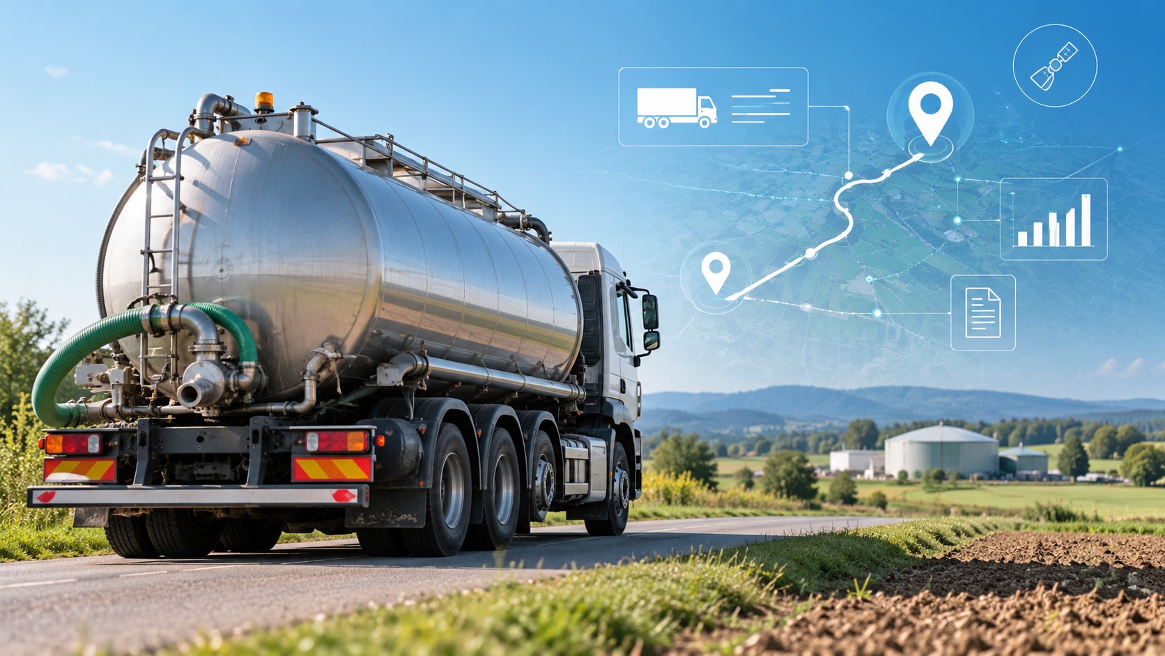 Camió cisterna agrícola amb sistemes digitals de seguiment GPS, traçabilitat del transport i gestió de dades.